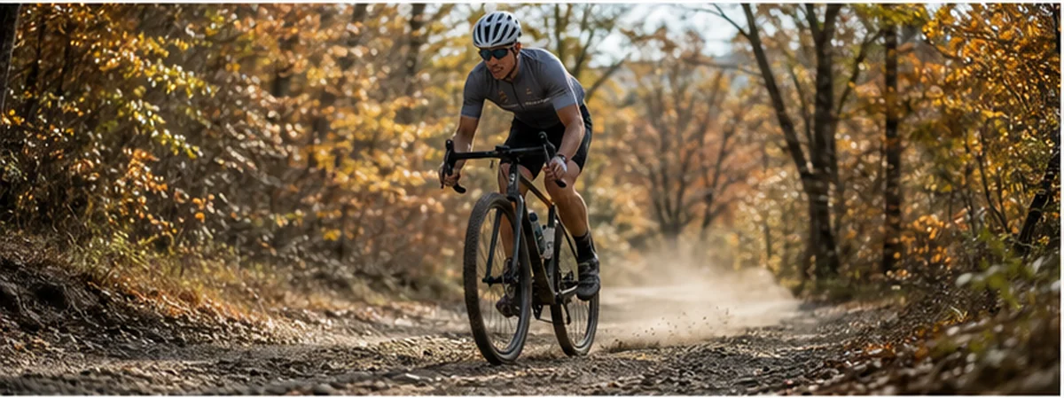 Gravel cyclist riding an Ozark forest trail near Bentonville