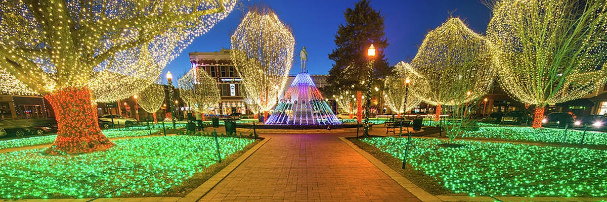Downtown Bentonville Square decorated with holiday lights