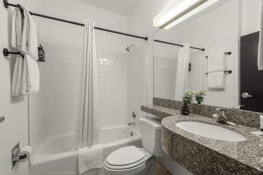 Boutique King Suite – bathroom with tub-shower combo and granite-style vanity