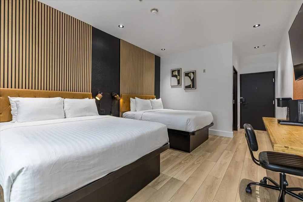Boutique Double Queen – double queen beds with wood slat accent wall, desk, and TV