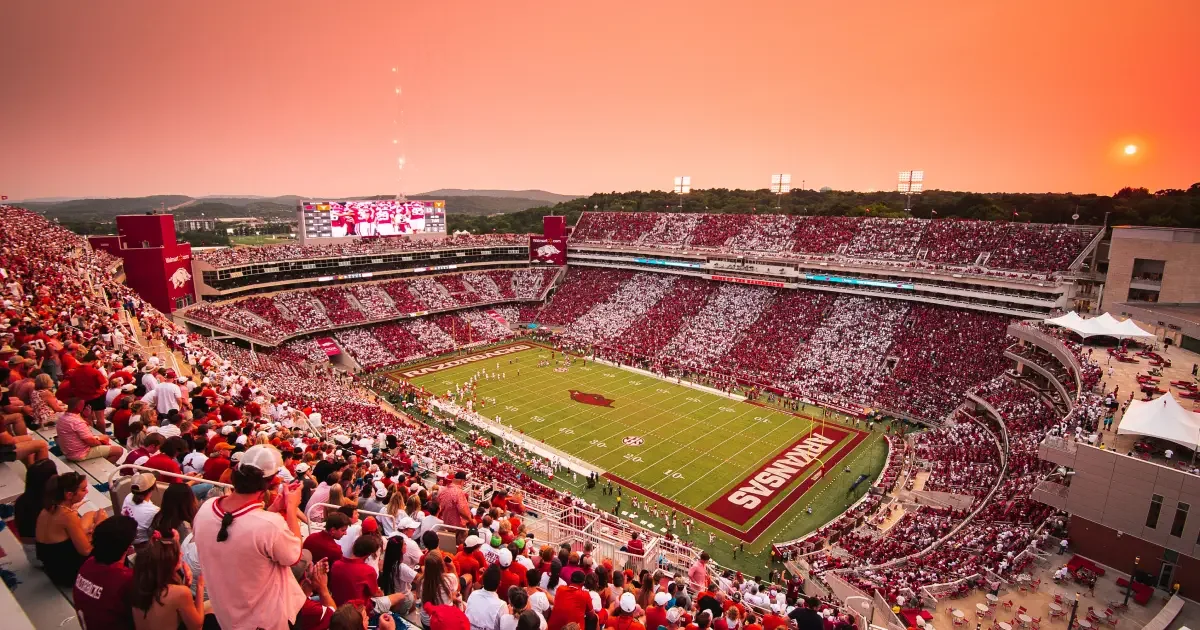 Razorback Stadium at sunset on game day, Fayetteville, Arkansas